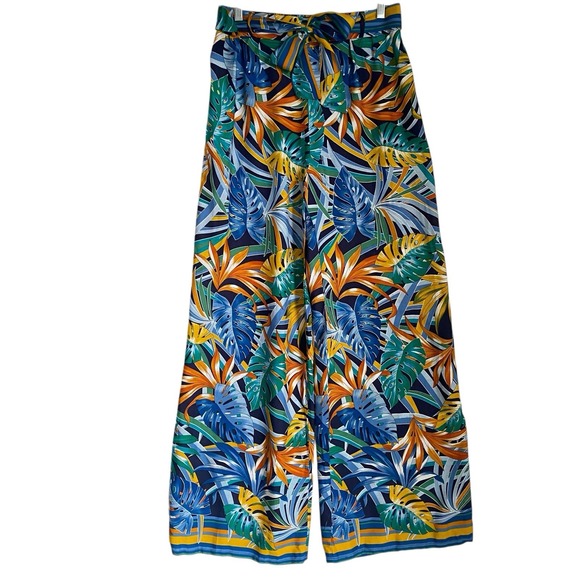 The Unbranded Brand Pants - Tropical Multicolor Wide Leg Palazzo Pants Women L Belted Boho Beachy Summer